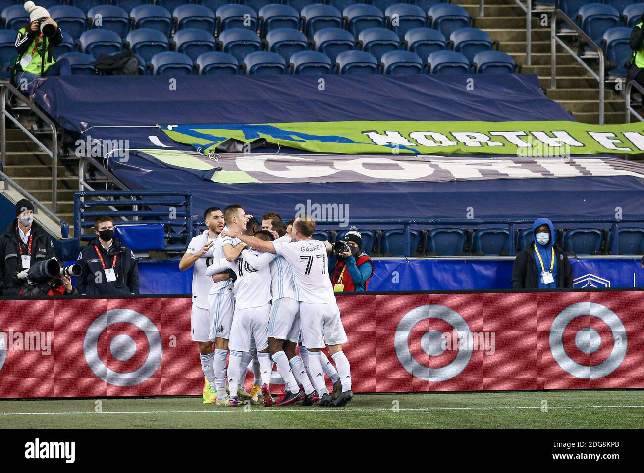 Minnesota United FC reacts to scoring a goal during the second half of the MLS Western Conference Finals at Lumen Field, Monday, December 7, 2020, in Stock Photo