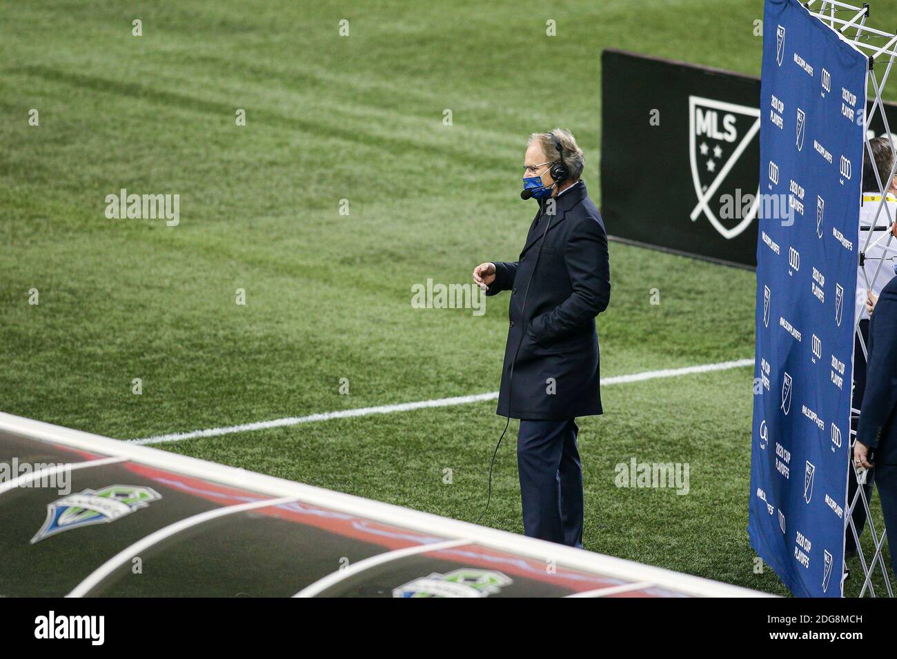 Seattle Sounders Head Coach Brian Schmetzer giving an interview following the Sounders win over against the Minnesota United during the MLS Western Co Stock Photo