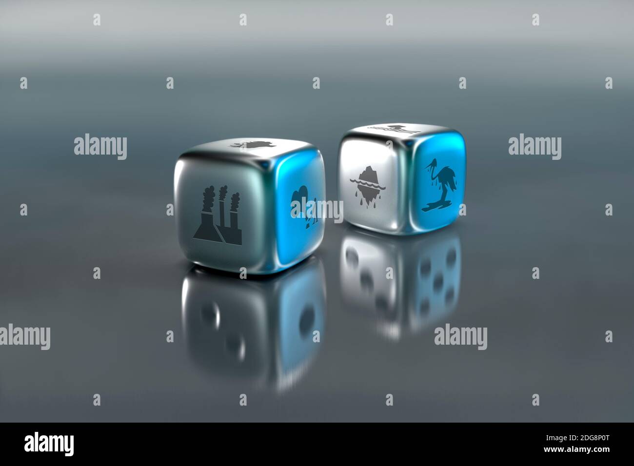 Pair of dice with environmental damage symbols Stock Photo