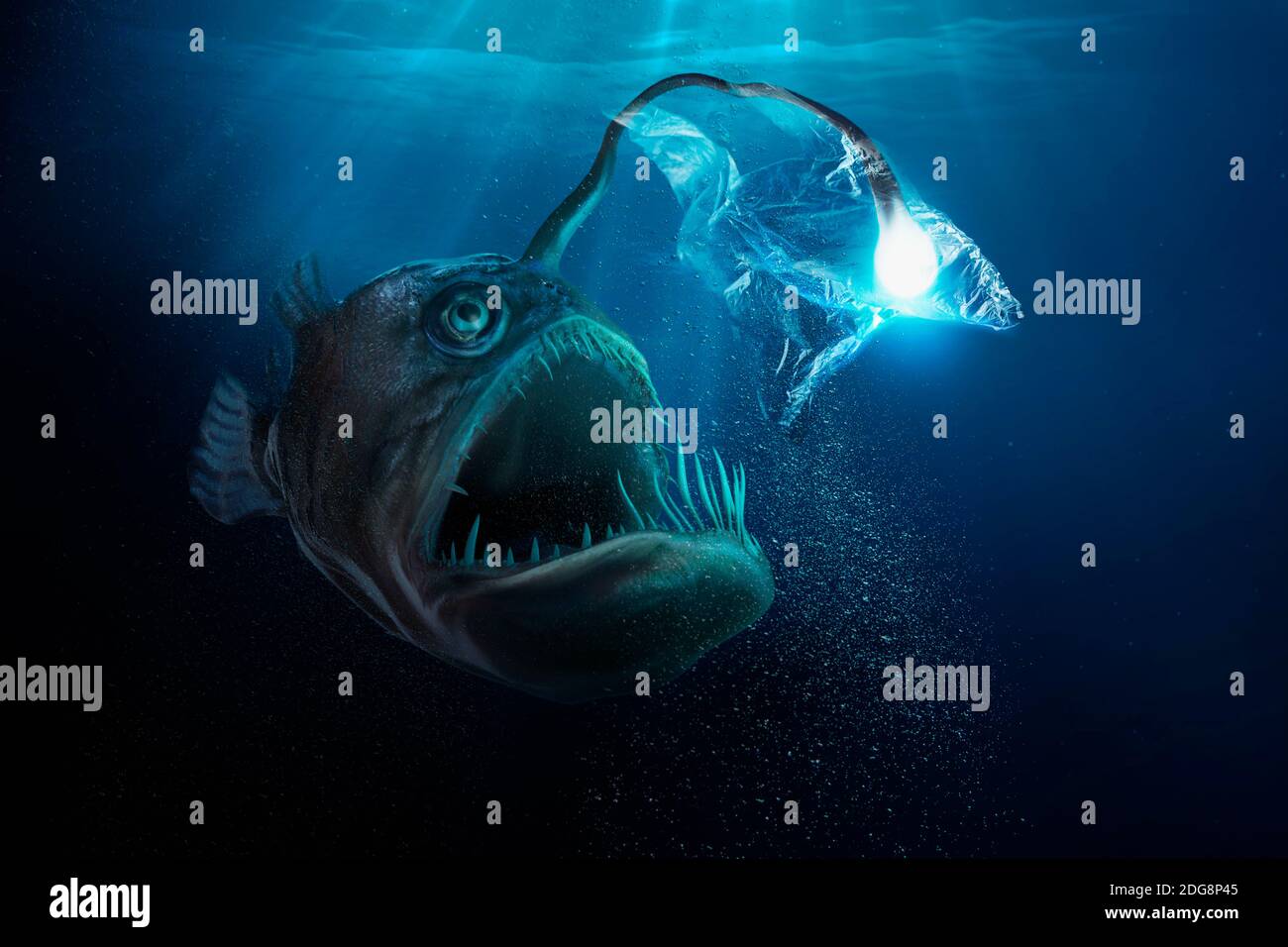 Large deep sea fish with light bulb trapped in plastic bag Stock Photo