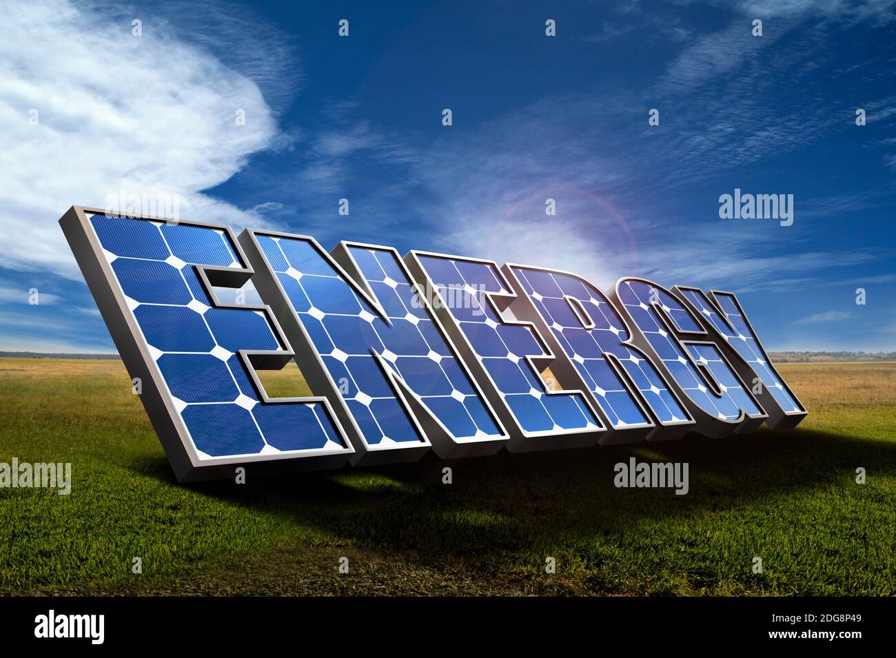 Energy solar panels in sunny rural field Stock Photo