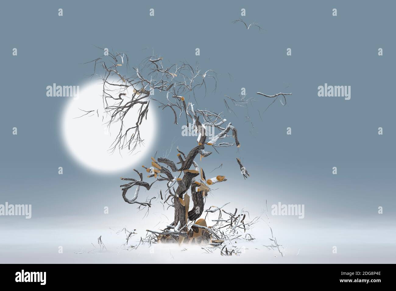 Tree and branches exploding against moon Stock Photo