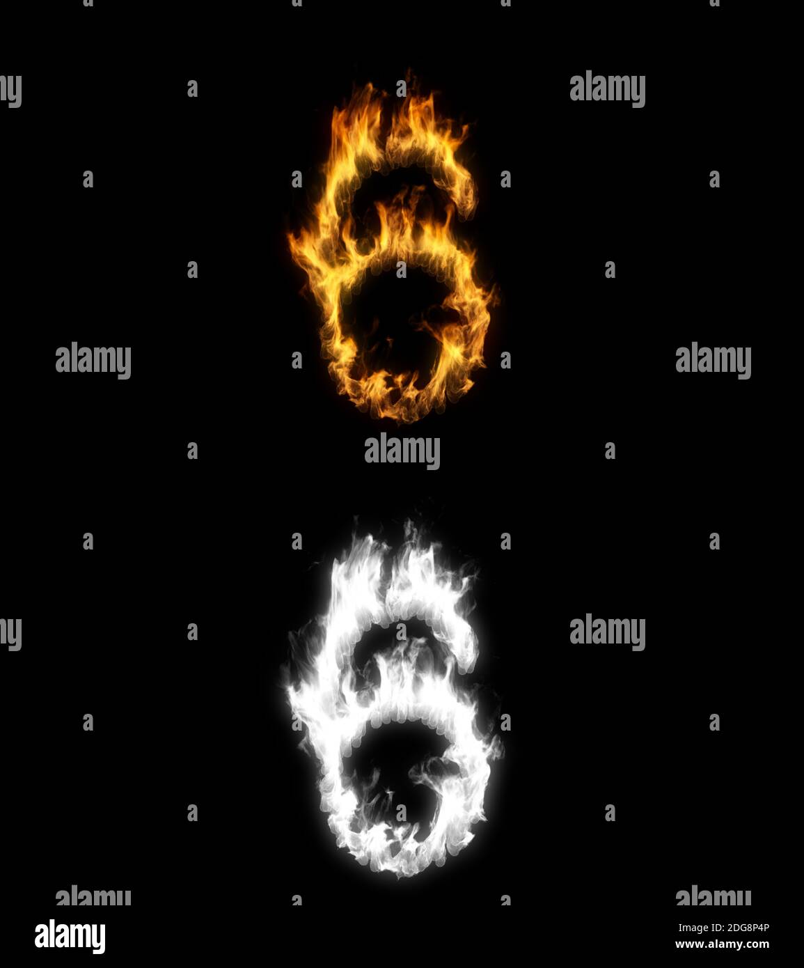 3D illustration of the number six on fire with alpha layer Stock Photo