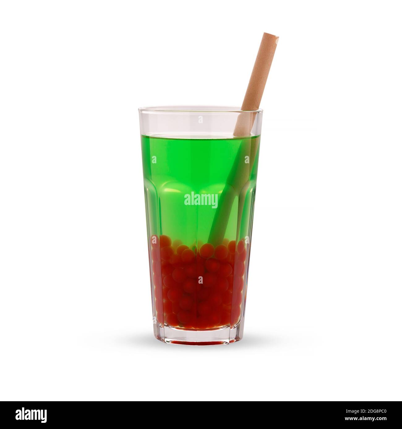 Green bubble tea with red tapioca pearls in glass beaker, isolated on white background Stock