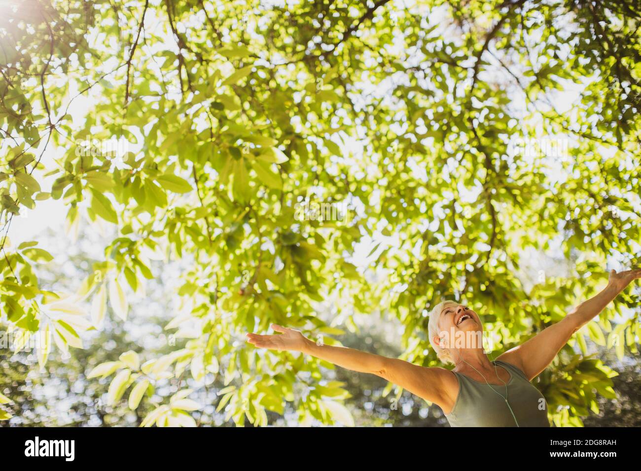 Exuberant senior woman with arms outstretched under sunny tree Stock Photo