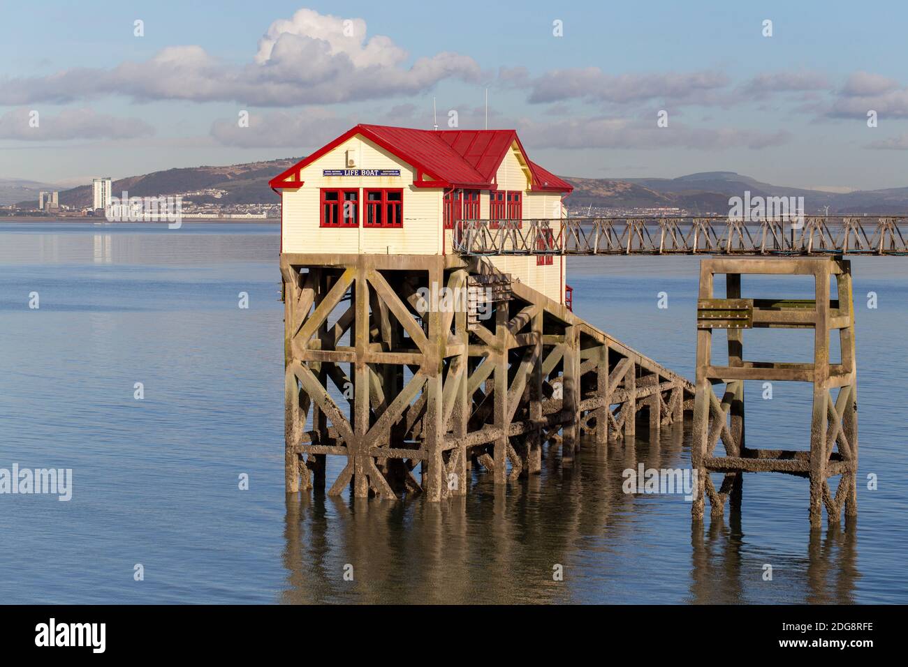 MuMBLES, Gower, South Wales - January 19, 2015:  The old lifeboat house at the end of Mumbles pier, looking over Swansea Bay Stock Photo