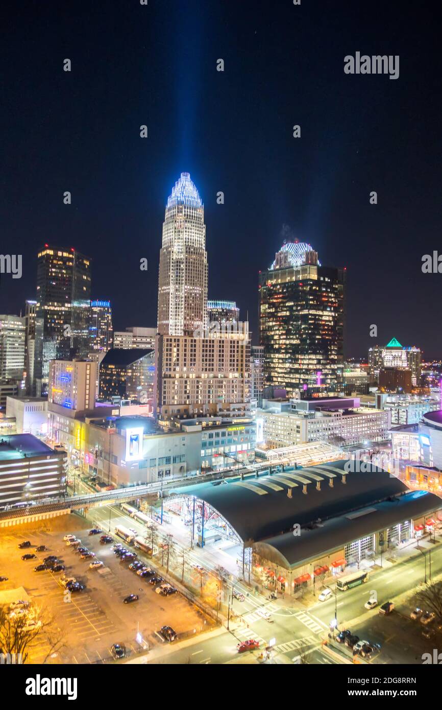 Charlotte north carolina skyline view at night from roof top restaurant Stock Photo