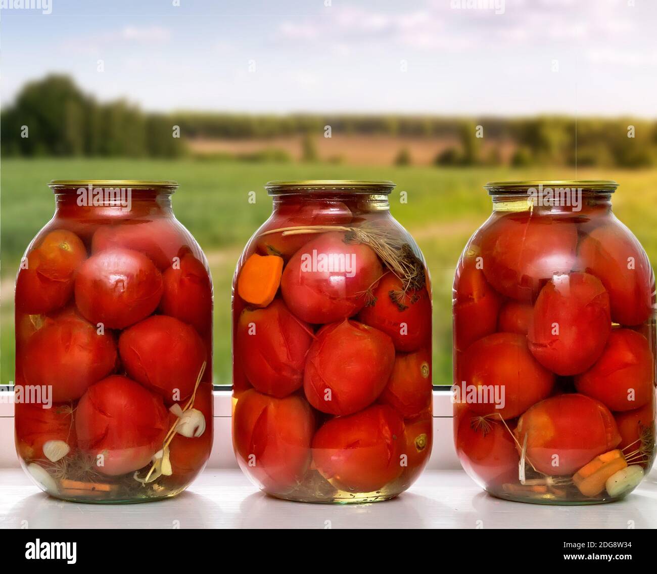 Canned tomatoes in large glass jars. Stock Photo