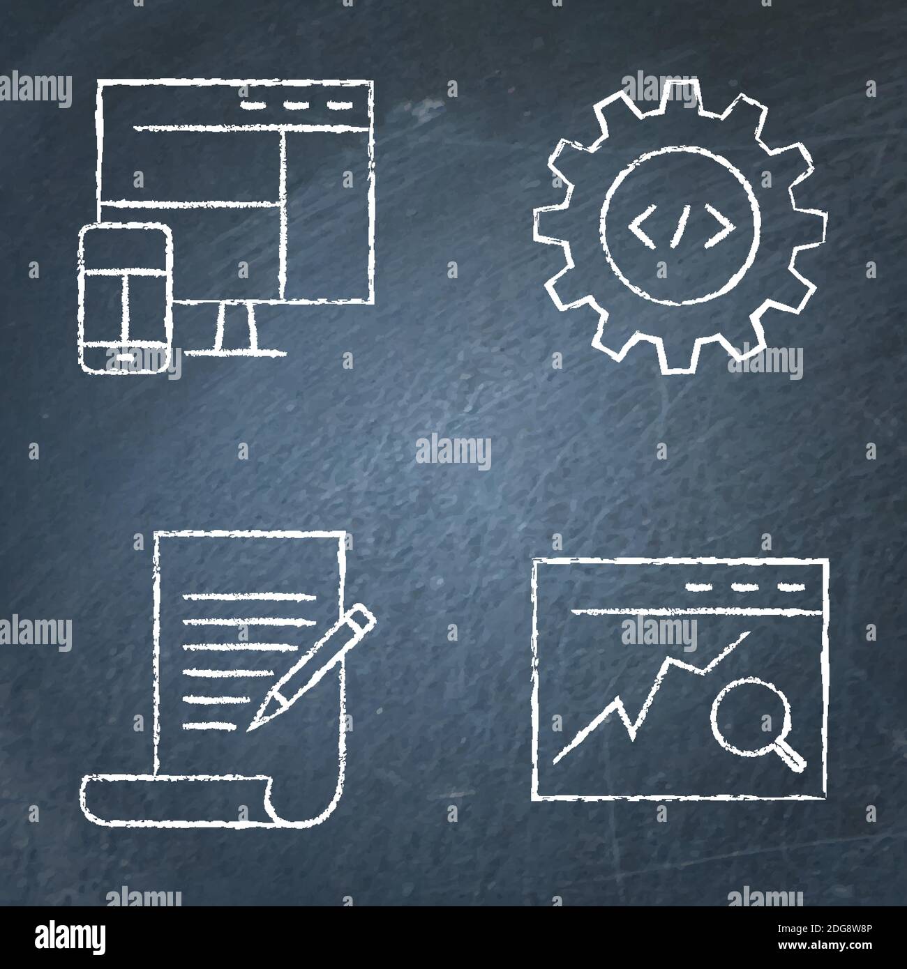 Chalkboard SEO icon set in line style. Search engine optimization ...