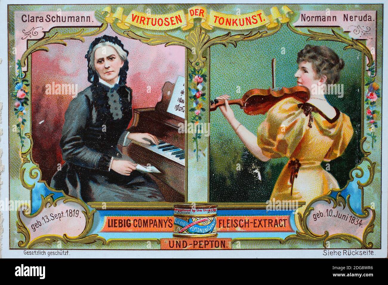 Picture series Virtuosos of the Art of Music, Clara Schumann and Normann Neruda  /  Bilderserie Virtuosen der Tonkunst, Clara Schumann und Normann Neruda, Liebigbild, digital improved reproduction of a collectible image from the Liebig company, estimated from 1900, pd  /  digital verbesserte Reproduktion eines Sammelbildes von ca 1900, gemeinfrei, Stock Photo