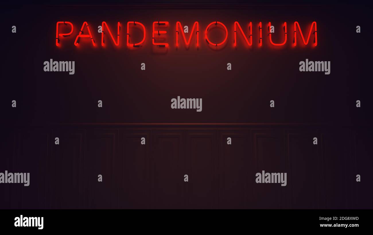 Red Neon Pandemonium Sign on the Wall Gates of Hell 3d Illustration render Stock Photo