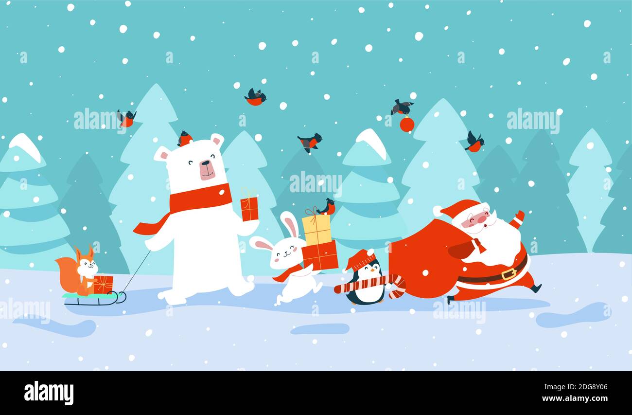 New Year card. Santa claus with forest animals carrying gifts Stock Vector