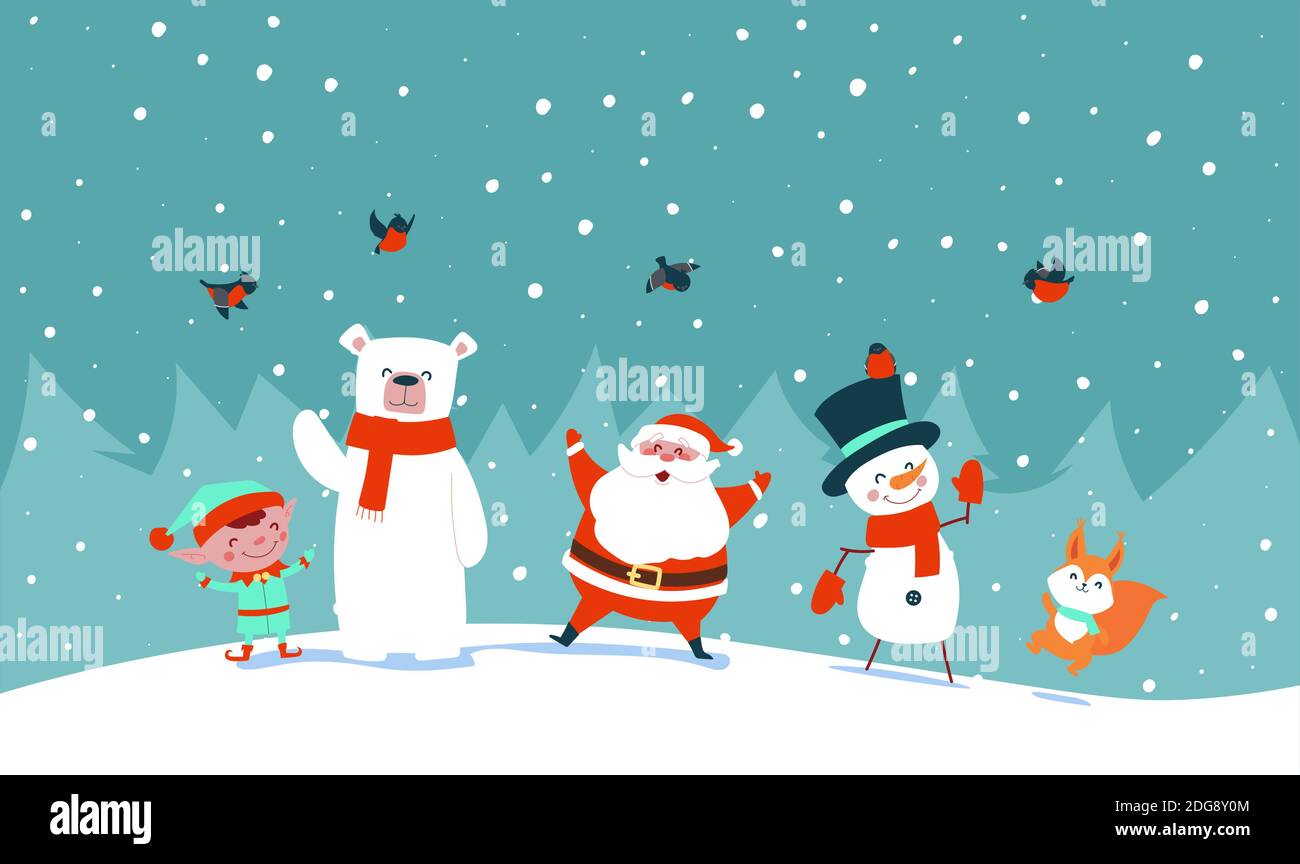 New Year card. Santa claus with forest animals rejoice and wave his hands Stock Vector