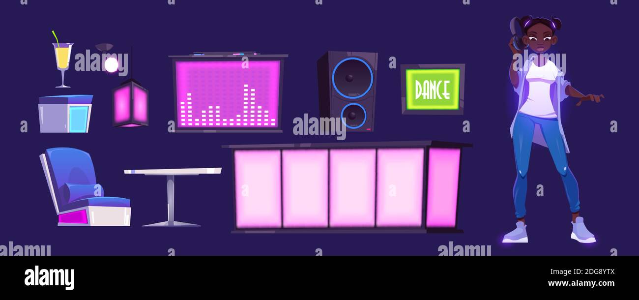 Girl dj and nightclub equipment with bar counter, table and mixer console. Vector cartoon set of Girl dj and nightclub equipment with bar counter, table and mixer console. Vector cartoon set of