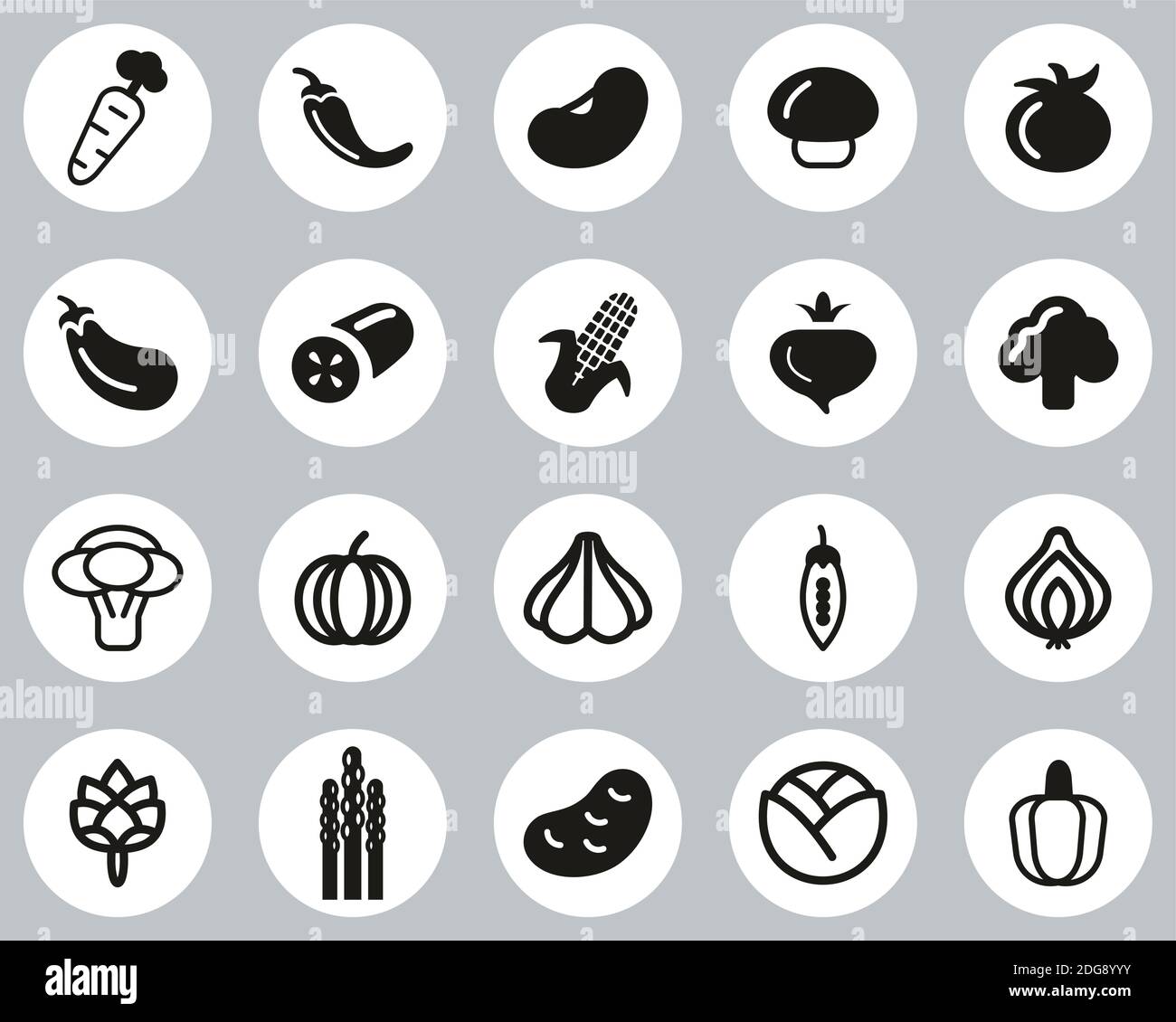 Vegetable Icons Black & White Flat Design Circle Set Big Stock Vector