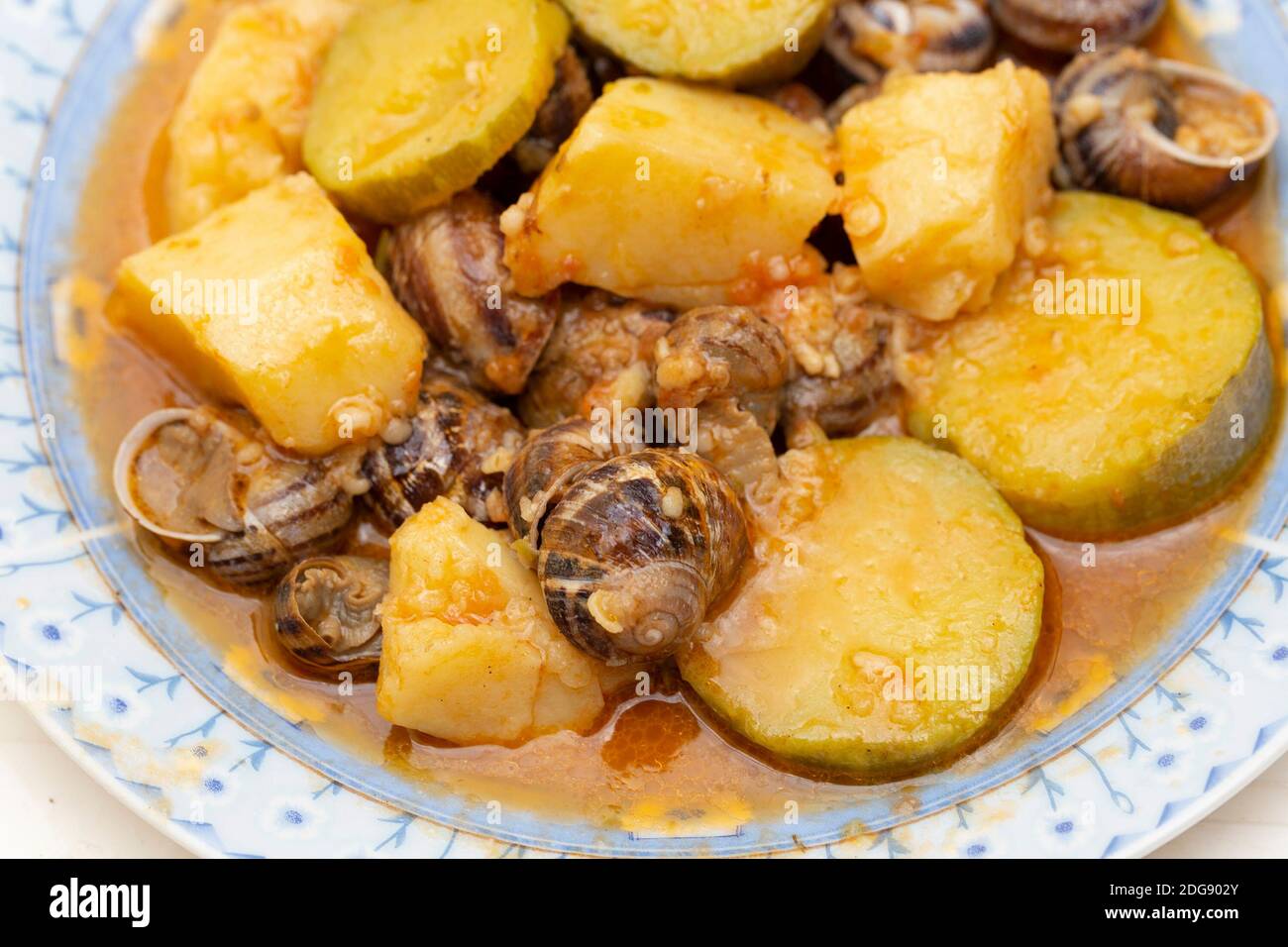 A plate of traditional Greek (Cretan) snails cooked in olive oil with potatoes and courgettes, an island speciality Stock Photo
