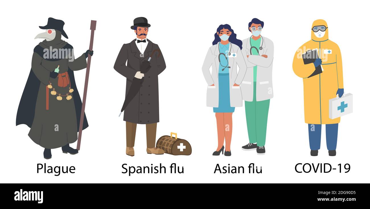 World pandemic doctor cartoon character set, flat vector illustration. Plague, spanish and asian flu, Covid-19 pandemic. Stock Vector
