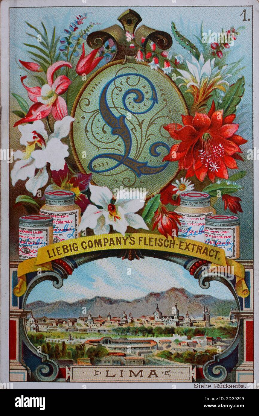 Picture series cities of the world, Lima, Peru  /  Bilderserie Städte, Lima, Peru, Liebigbild, digital improved reproduction of a collectible image from the Liebig company, estimated from 1900, pd  /  digital verbesserte Reproduktion eines Sammelbildes von ca 1900, gemeinfrei, Stock Photo