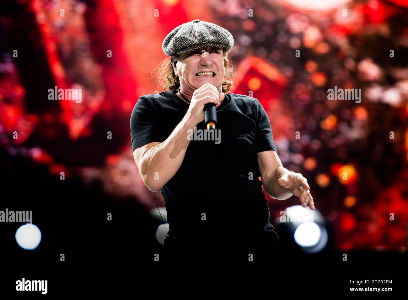 Brian Johnson, of the Australian rock band AC/DC, performing live for the “Rock or Bust World Tour” at the Autodromo Enzo e Dino Ferrari of Imola, Italy Stock Photo