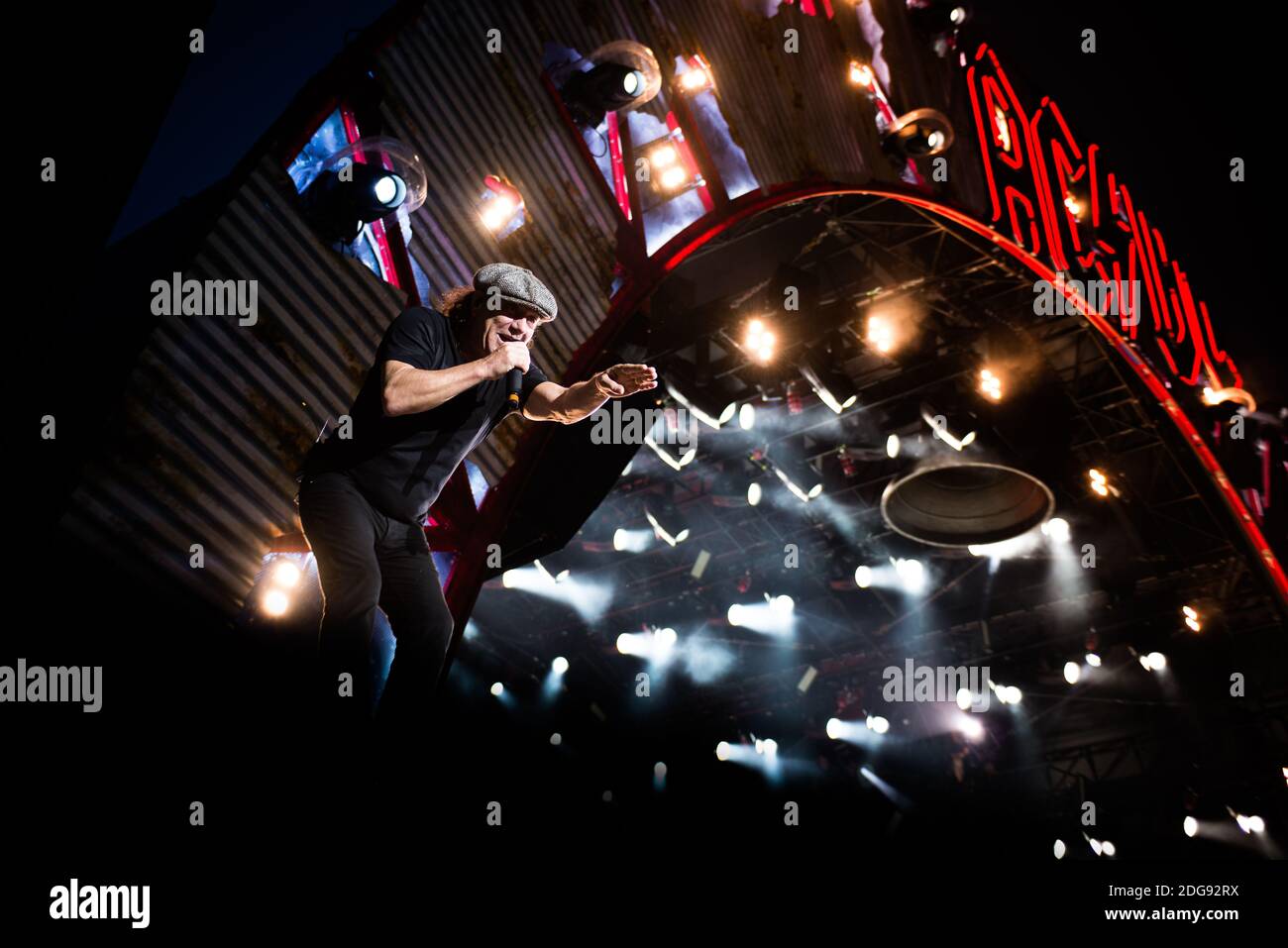 Brian Johnson, of the Australian rock band AC/DC, performing live for the “Rock or Bust World Tour” at the Autodromo Enzo e Dino Ferrari of Imola, Italy Stock Photo