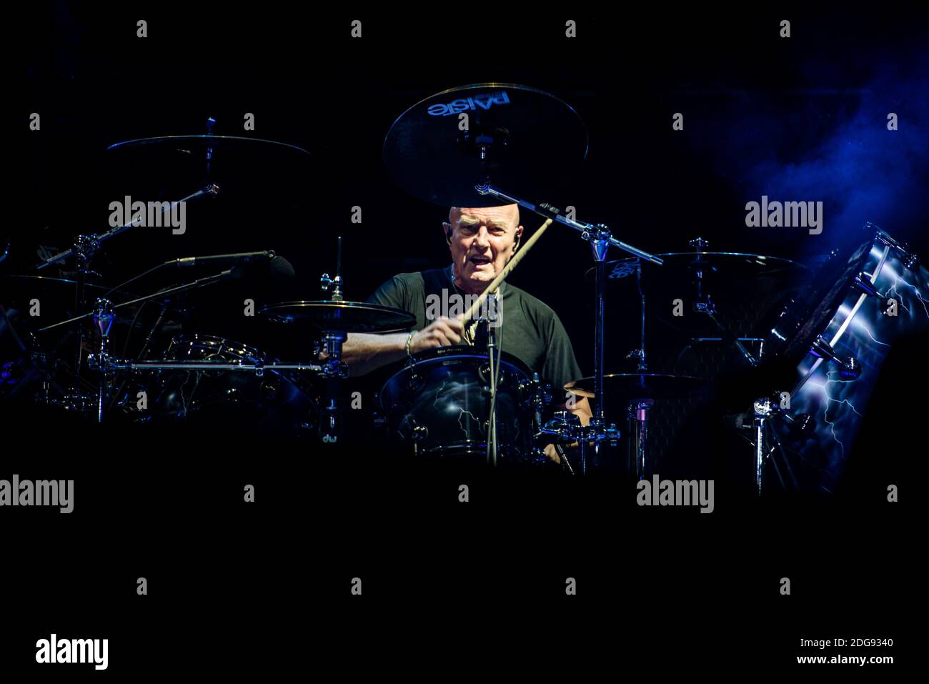 Chris Slade, of the Australian rock band AC/DC, performing live for the “Rock or Bust World Tour” at the Autodromo Enzo e Dino Ferrari of Imola, Italy Stock Photo
