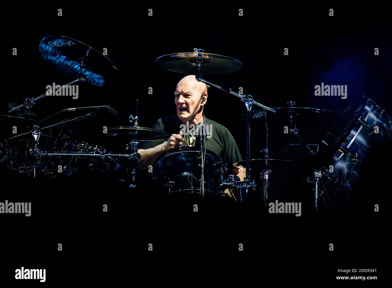 Chris Slade, of the Australian rock band AC/DC, performing live for the “Rock or Bust World Tour” at the Autodromo Enzo e Dino Ferrari of Imola, Italy Stock Photo
