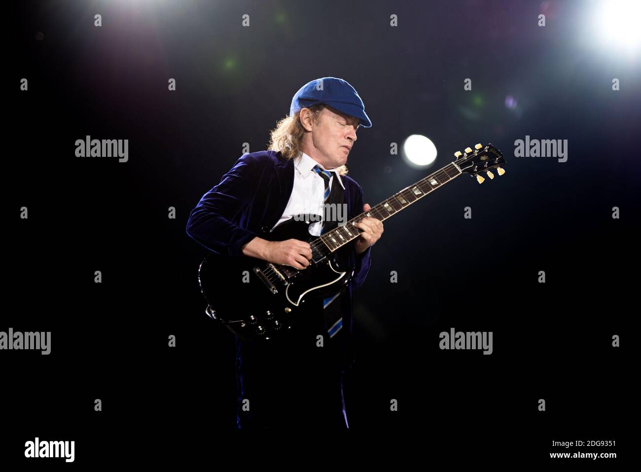 Angus Young, of the Australian rock band AC/DC, performing live for the “Rock or Bust World Tour” at the Autodromo Enzo e Dino Ferrari of Imola, Italy Stock Photo