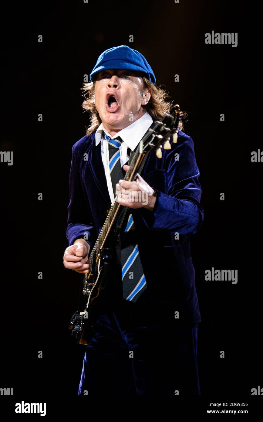 Angus Young, of the Australian rock band AC/DC, performing live for the “Rock or Bust World Tour” at the Autodromo Enzo e Dino Ferrari of Imola, Italy Stock Photo