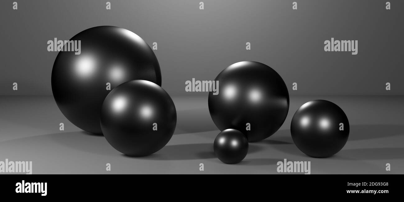 Abstract round spheres, globes or balls in realistic digital studio interior, cgi render illustration, background wallpaper rendering, dark grey black Stock Photo