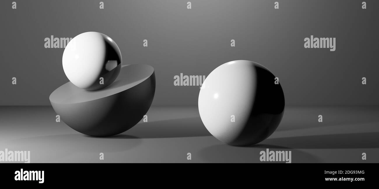 Abstract round spheres, globes or balls in realistic digital studio interior, cgi render illustration, background wallpaper rendering, black, white Stock Photo