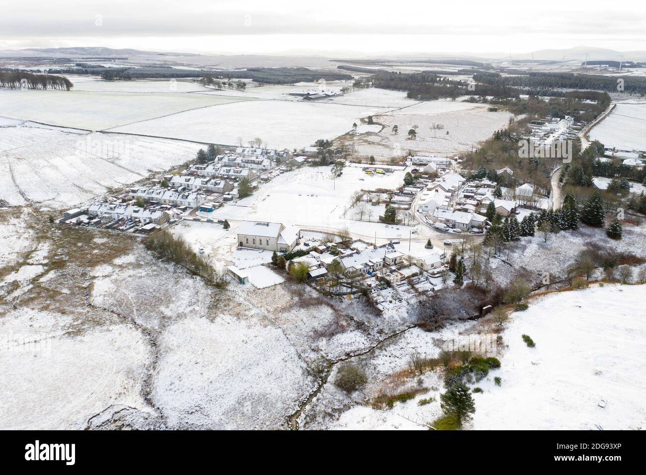 Tarbrax, South Lanarkshire, Scotland. 3rd Dec 2020. Weather: Aerial view of Tarbrax village, South Lanarkshire under a blanket on snow. Scotland, UK. Stock Photo