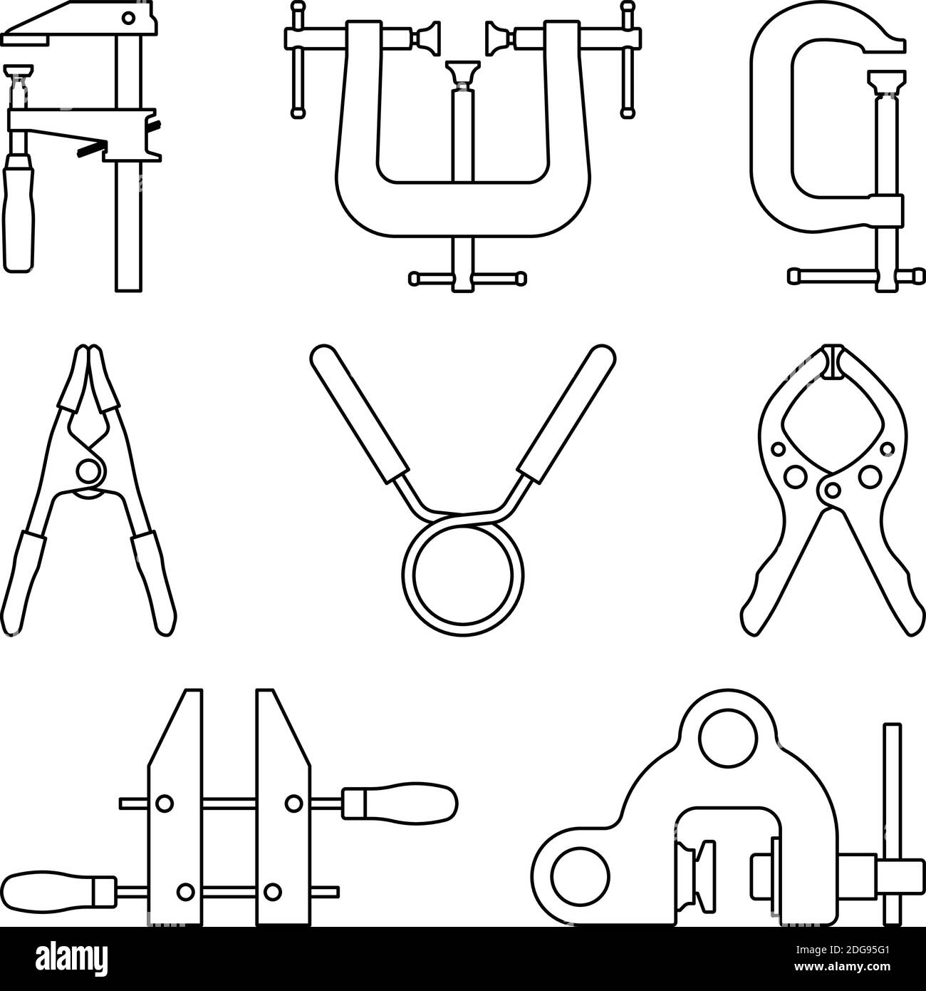 Clamp. Screw clamp. Hand tools. Thin line icons Stock Vector