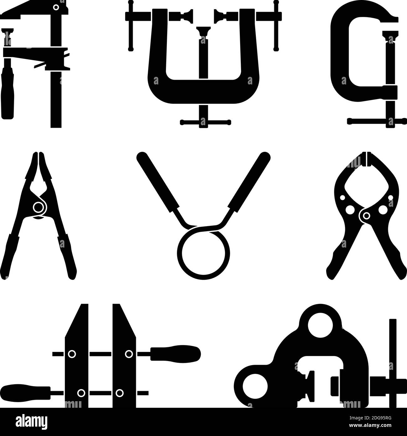 Clamp. Screw clamp. Hand tools. Silhouette icons Stock Vector