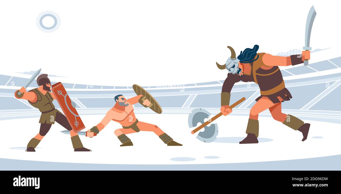 Two gladiators against the giant monster in the arena. White isolated background. Vector flat style Stock Vector