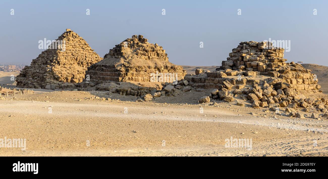 Pyramids of Queens behind Pyramid of Menkaure, Giza Pyramid Complex, Giza, Cairo, Egypt Stock Photo