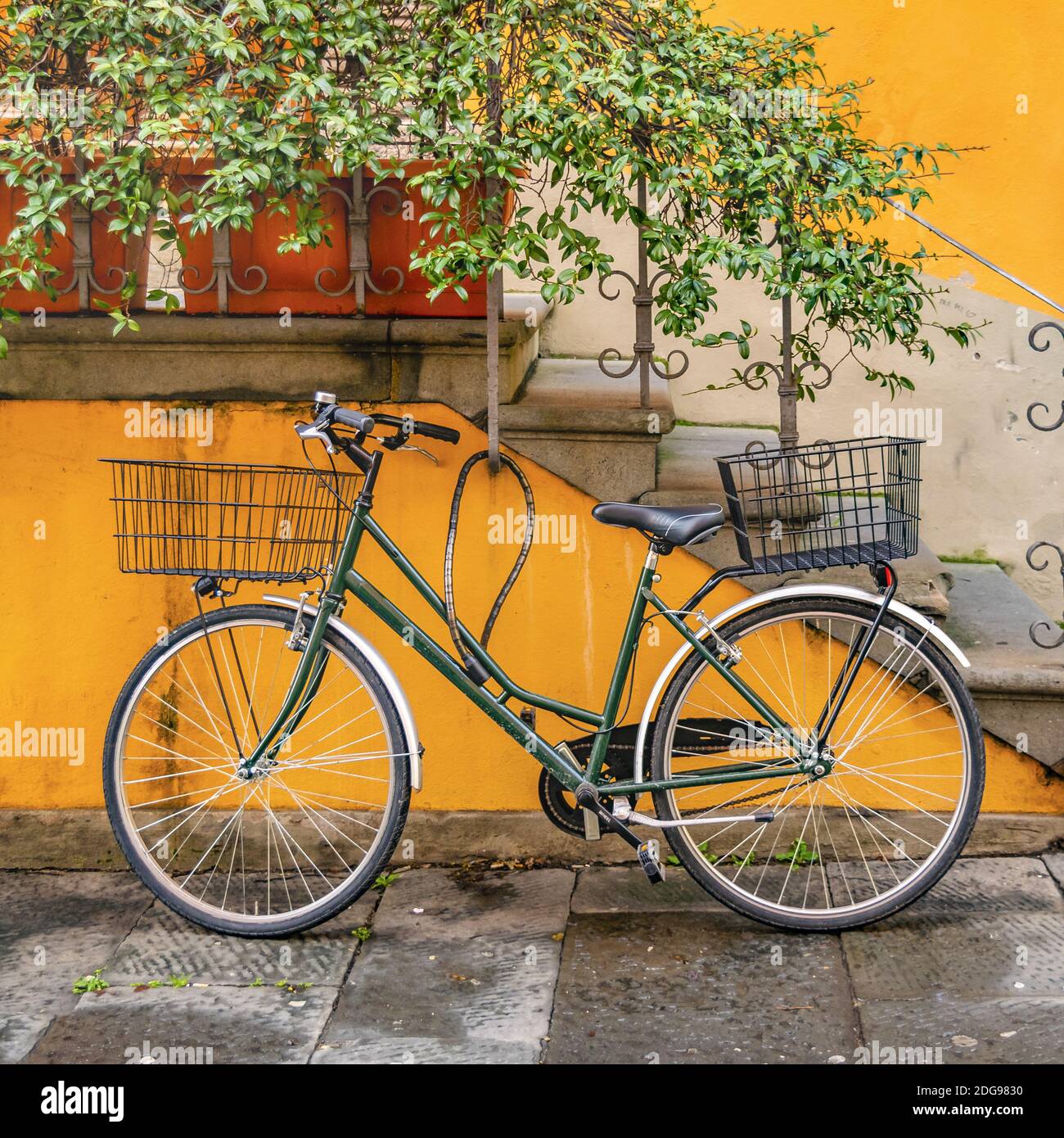 Bicycle Parked at Wall, Lucca, Italy Stock Photo