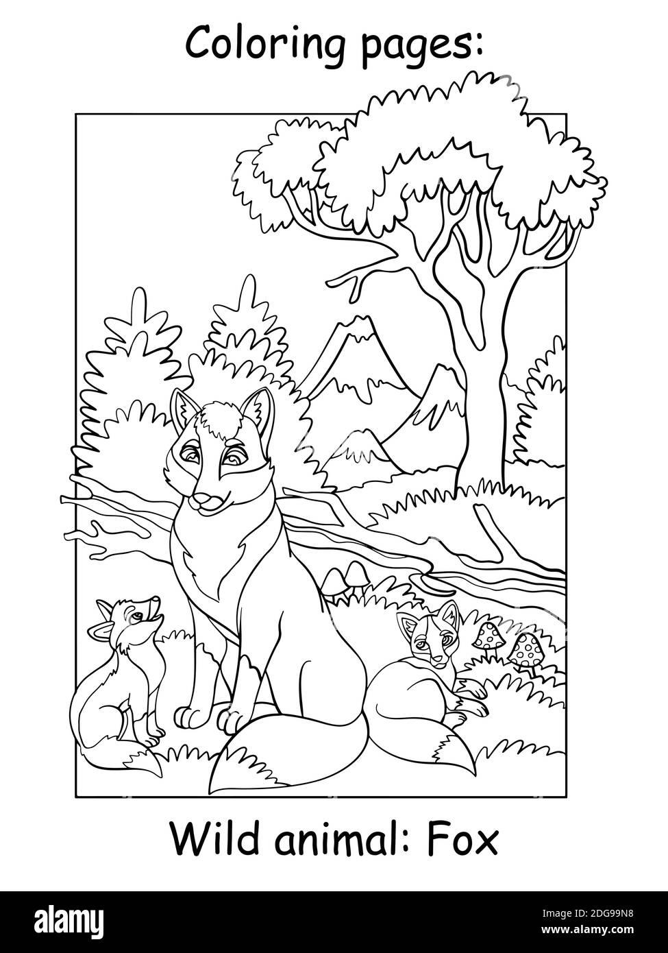Vector coloring pages with cute fox mom and two cubs in mountain area. Cartoon contour illustration isolated on white background. For coloring book, p Stock Vector