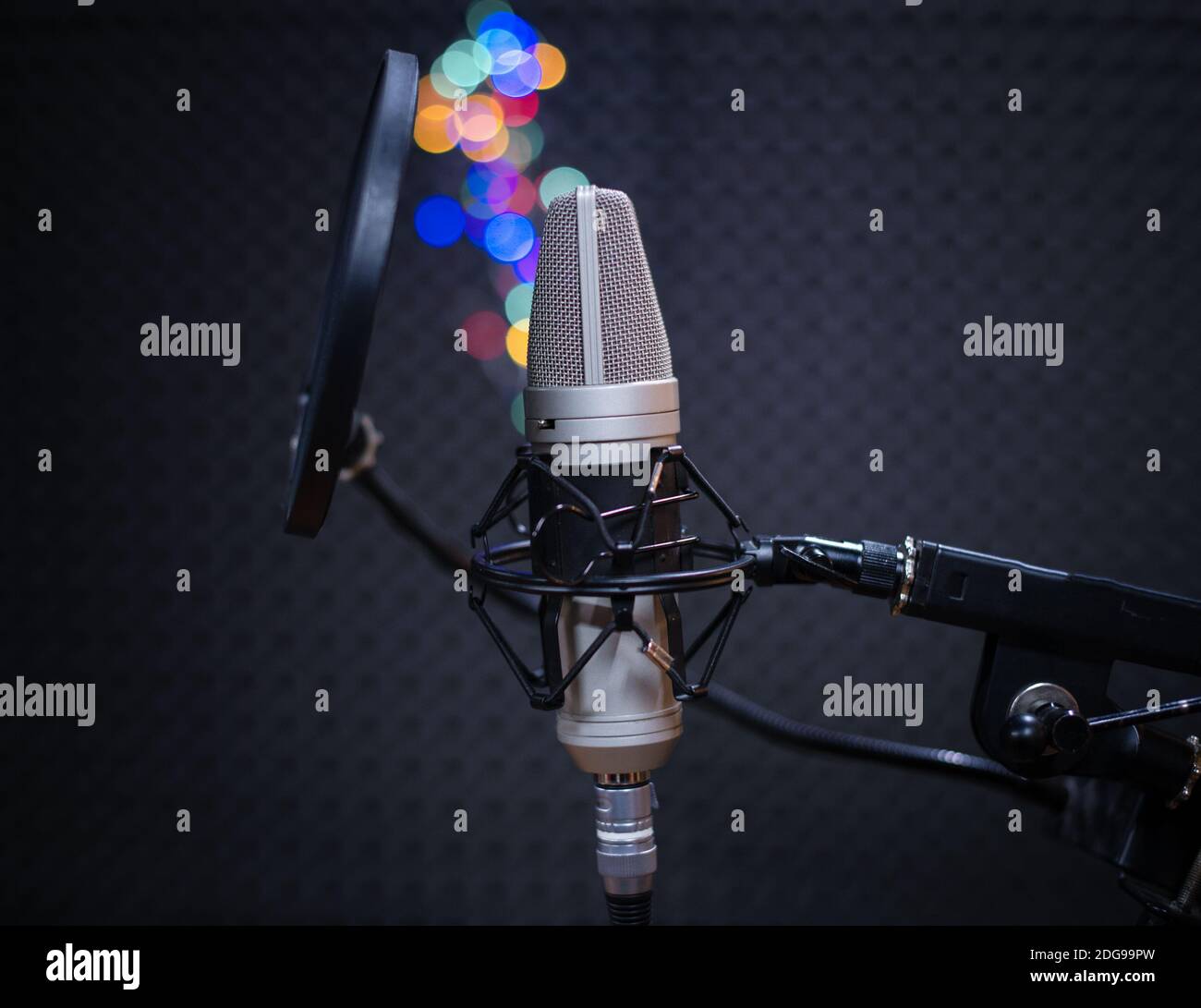 Voice microphone with shock mount and pop filter on professional tripod