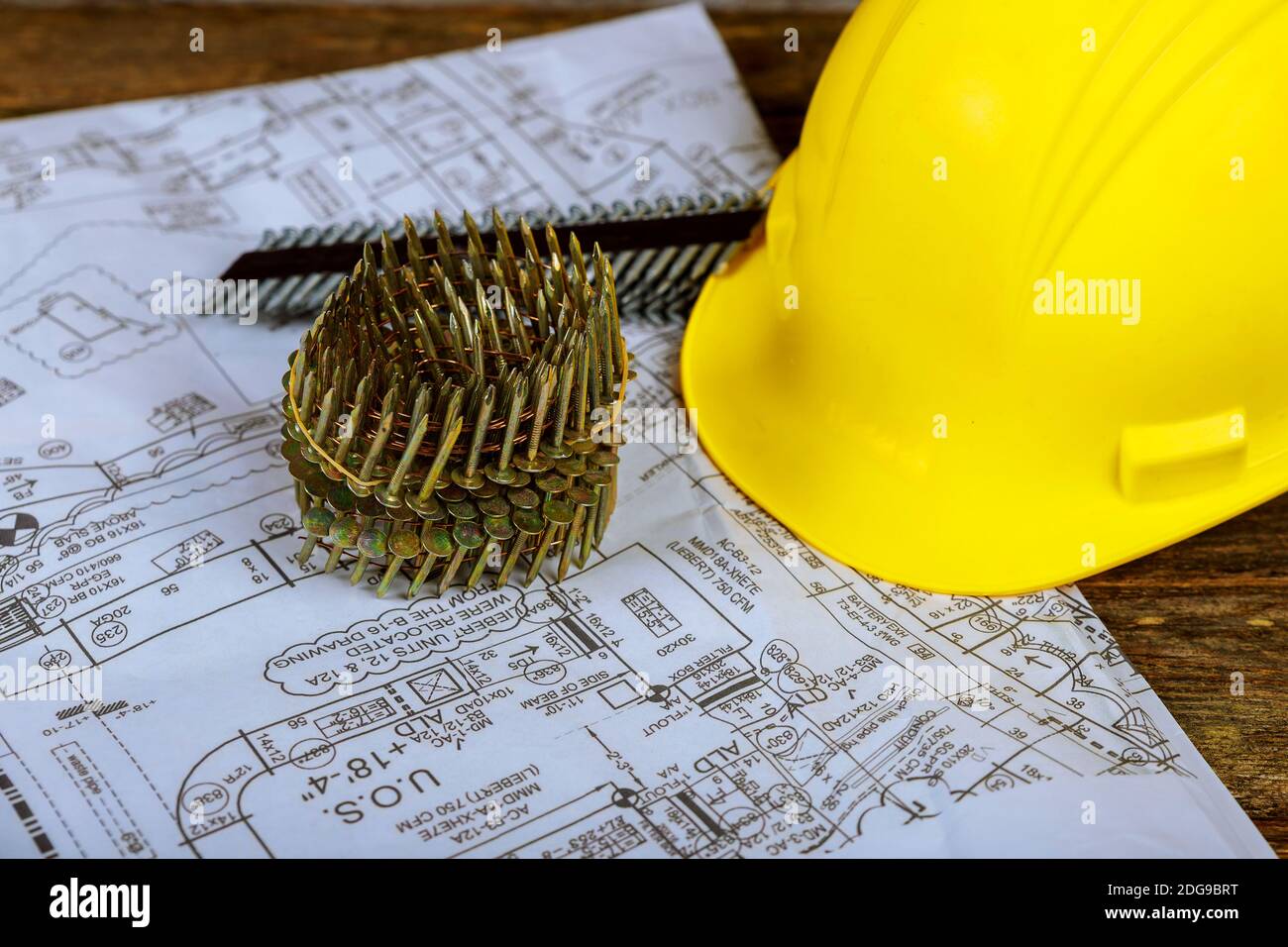 Nails for pneumatic nail gun and helmet for construction a plan of the