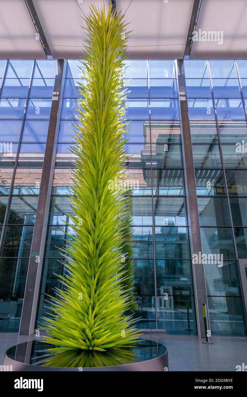 Lime Green Icicle Tower, Dale Chihuly, 2011, New American Cafe, interior, Museum of Fine Arts, Boston, Mass, USA, North America Stock Photo