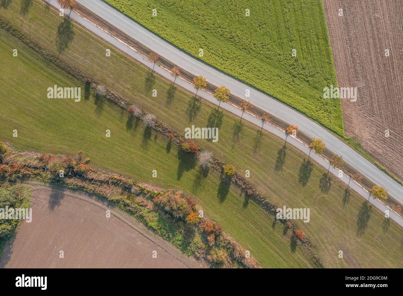 Picture of an aerial view of the landscape in Bavaria with street field ...