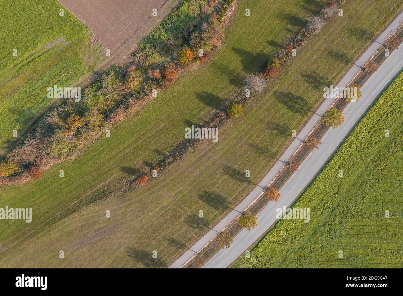 Picture of an aerial view of the landscape in Bavaria with street field ...