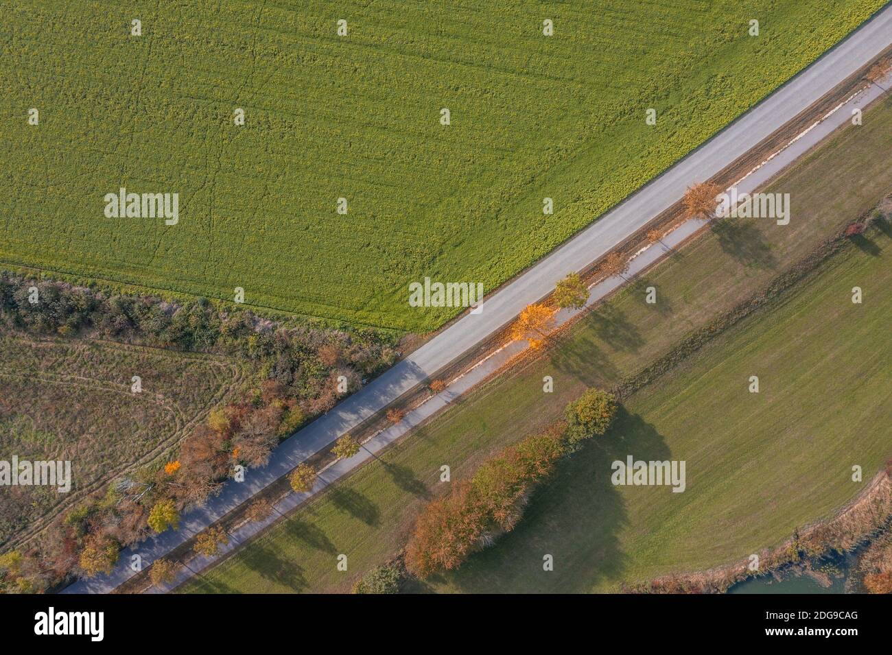 Picture of an aerial view of the landscape in Bavaria with street field ...
