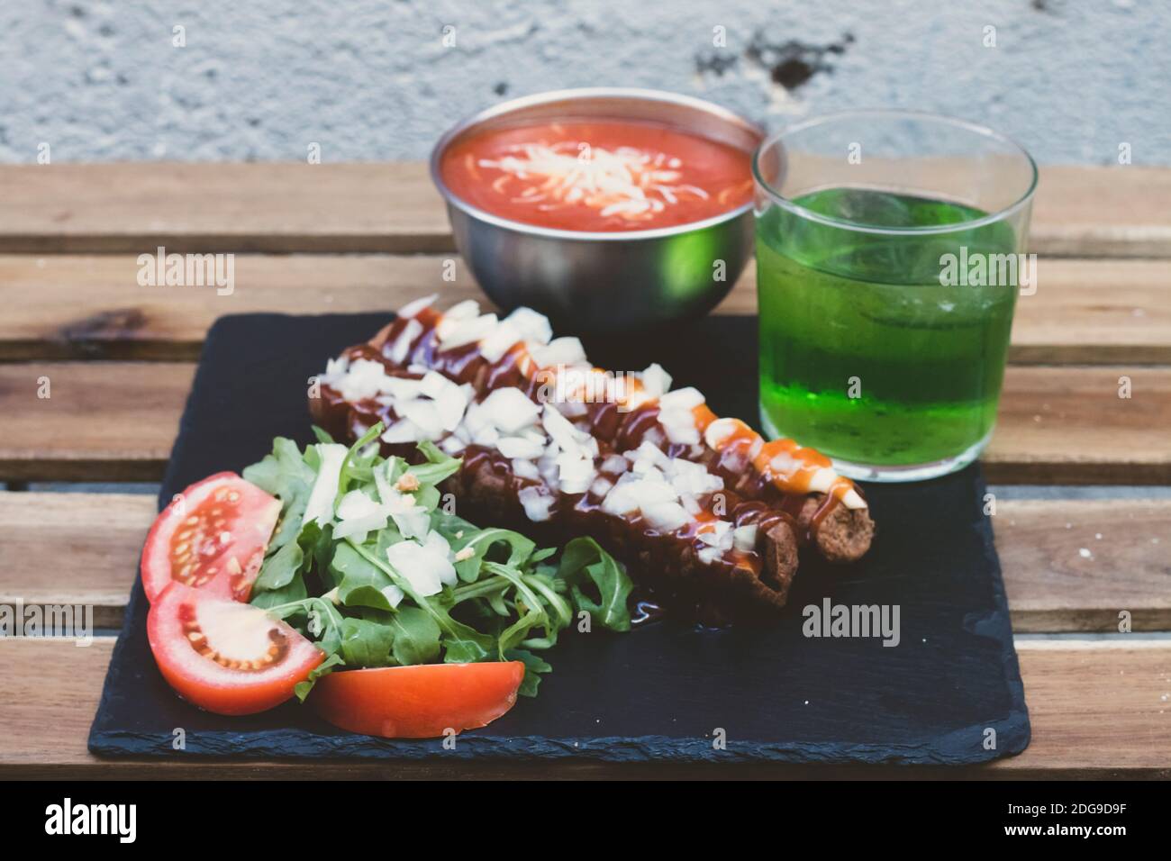 American junk food in a simple composition. crispy Fried sausages or