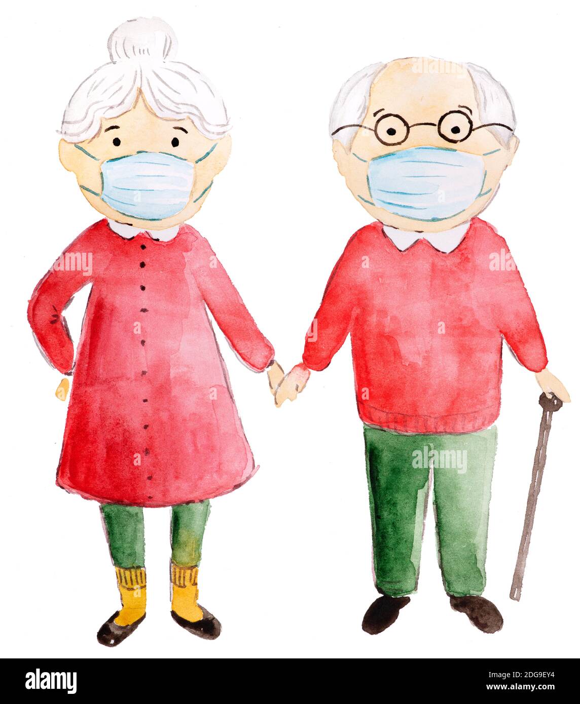 Grandmother and grandfather together walking in a protective masks during a pandemic. Isolated on a white background hand-drawn in watercolor. Stock Photo