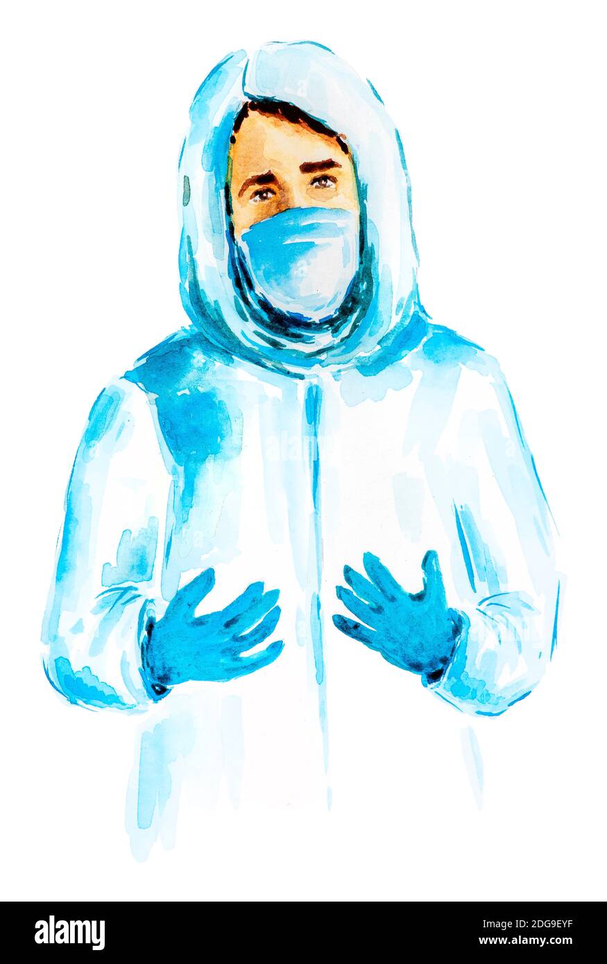 Doctor in a protective suit and mask. Medical personnel during the epidemic and pandemic of the coronavirus COVID-19. Hand-drawn in watercolor, Isolat Stock Photo