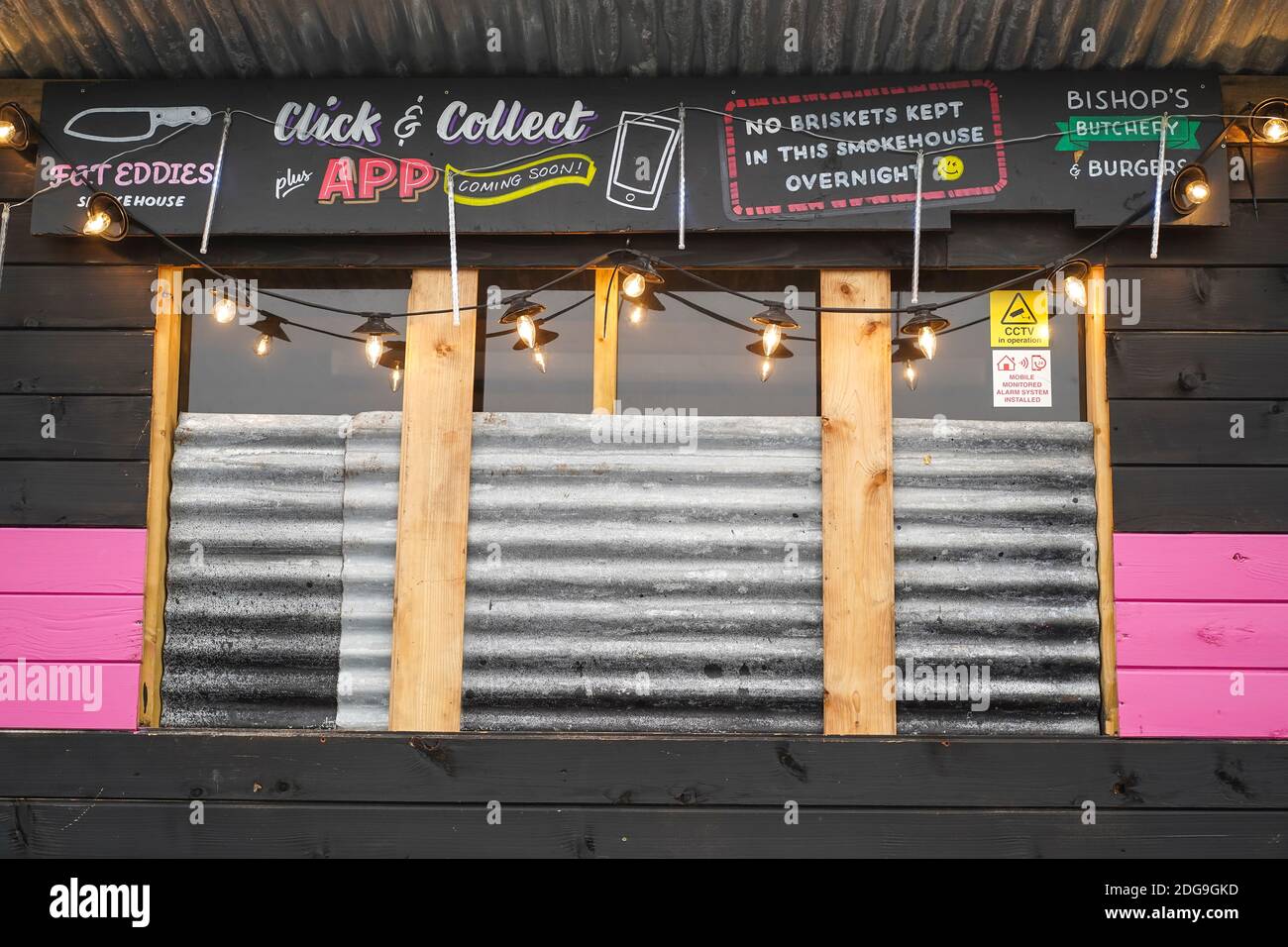 Outdoor steakhouse click and collect takeaway service being used in restricted Tier 2 times of the Covid-19, Coronavirus pandemic, UK. Stock Photo