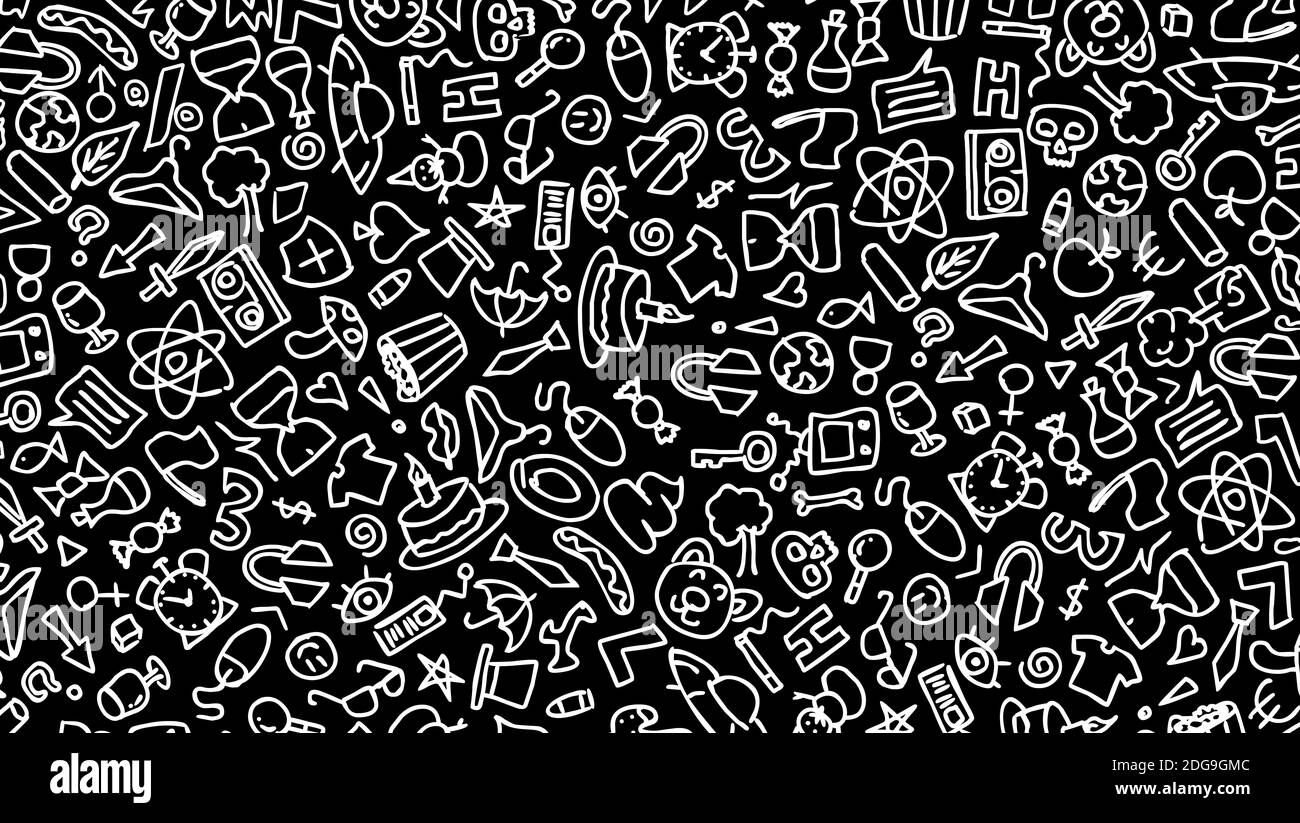 White cartoon hand drawn hippie doodles seamless pattern. Line art  detailed, with lots of objects black background. black on white background.  2d illu Stock Photo - Alamy