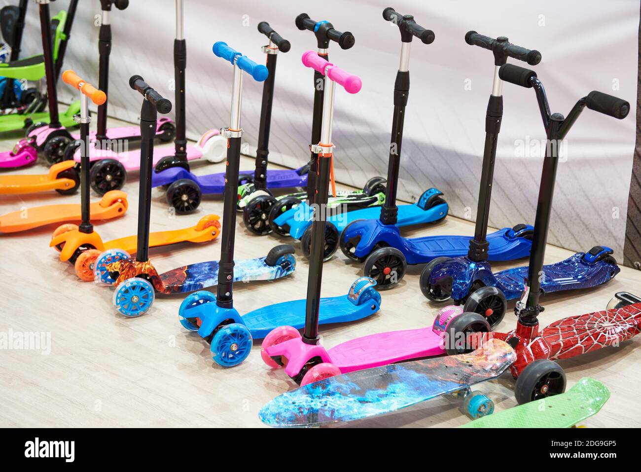 Children's scooters in the store Stock Photo