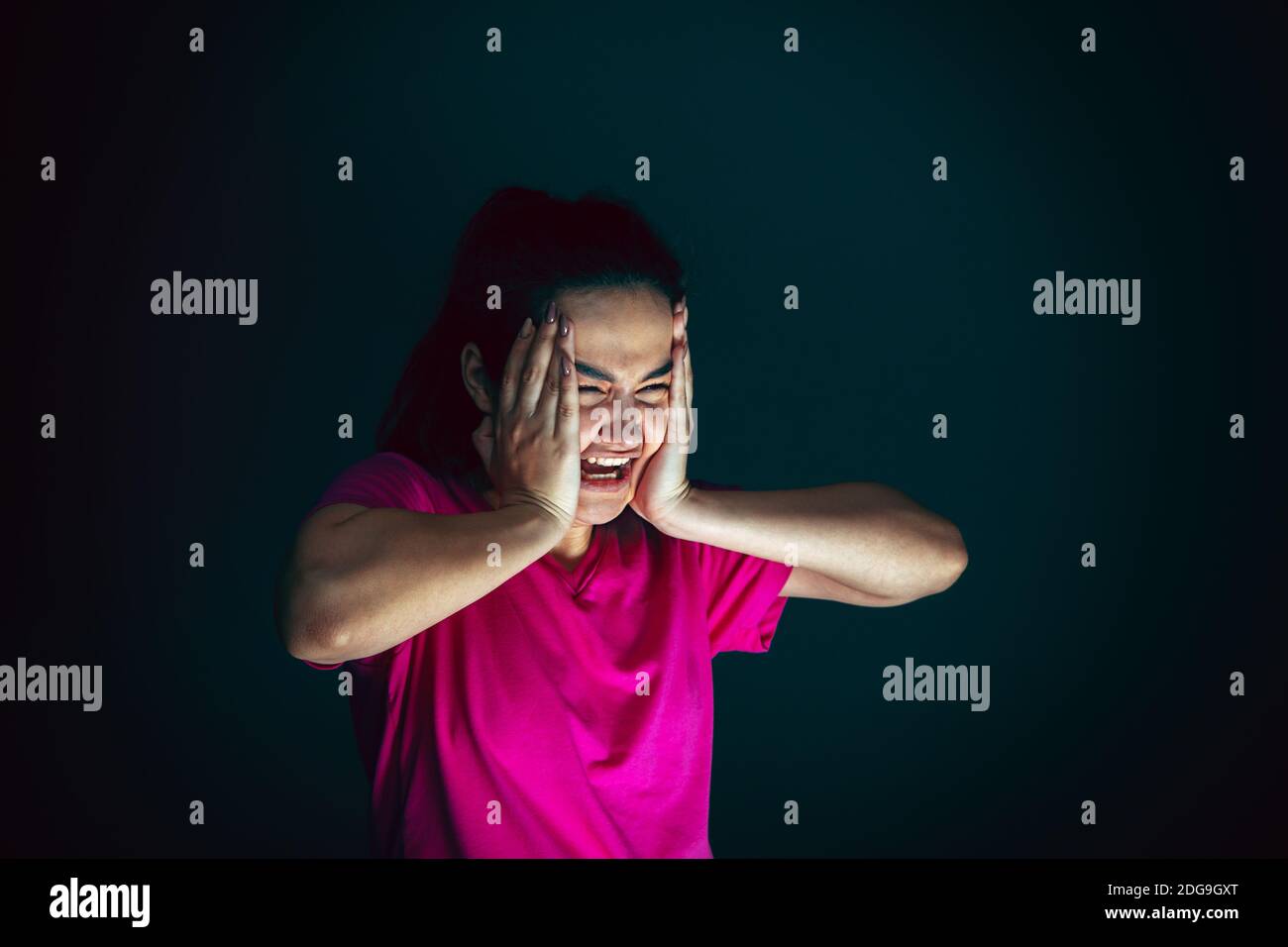 Crying. Portrait of young crazy scared and shocked caucasian woman ...